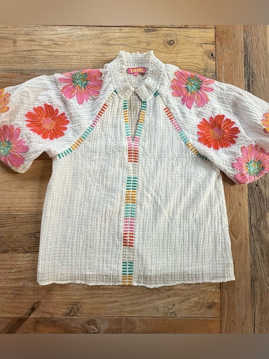 THML Tops - THML White Cotton Gauze Blouse with Pink and Orange Floral Embroidery